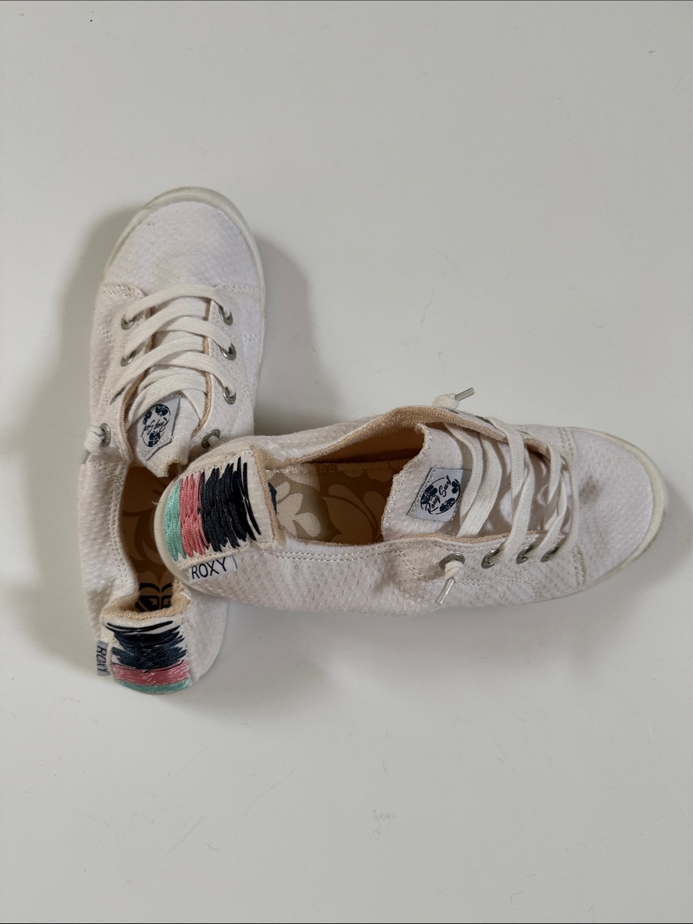 Roxy Women's White Canvas Sneakers with Pink Teal and Navy Heel Stitching